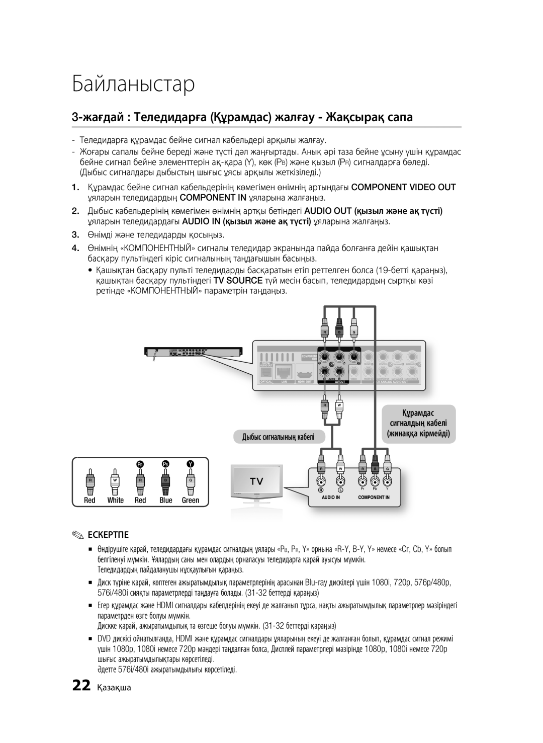 Samsung BD-C6900/XER manual Жағдай Теледидарға Құрамдас жалғау Жақсырақ сапа, Теледидардың пайдаланушы нұсқаулығын қараңыз 