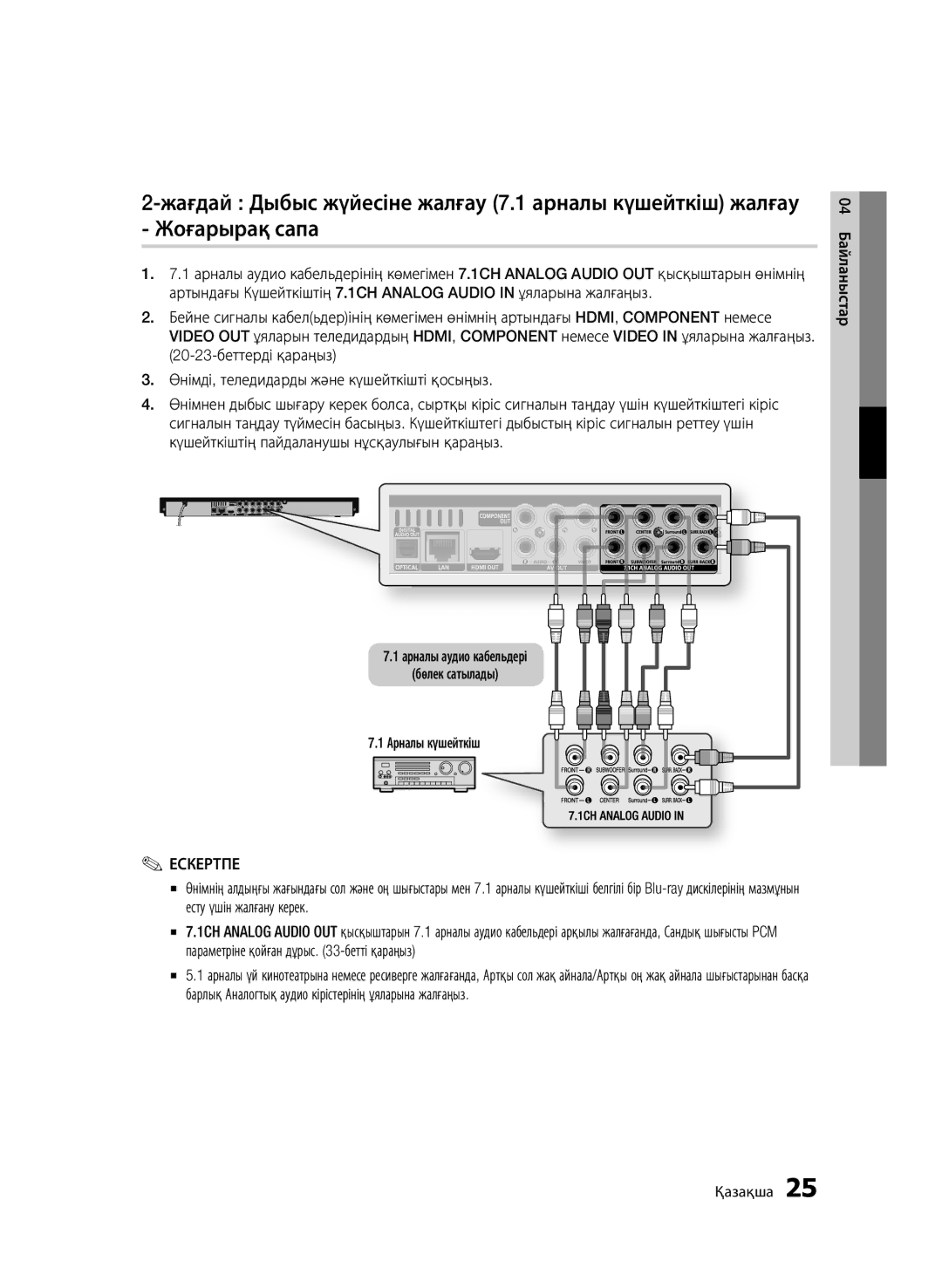 Samsung BD-C6900P/XER, BD-C6900/XER manual Арналы аудио кабельдері Бөлек сатылады Арналы күшейткіш, 04 Байланыстар Қазақша 