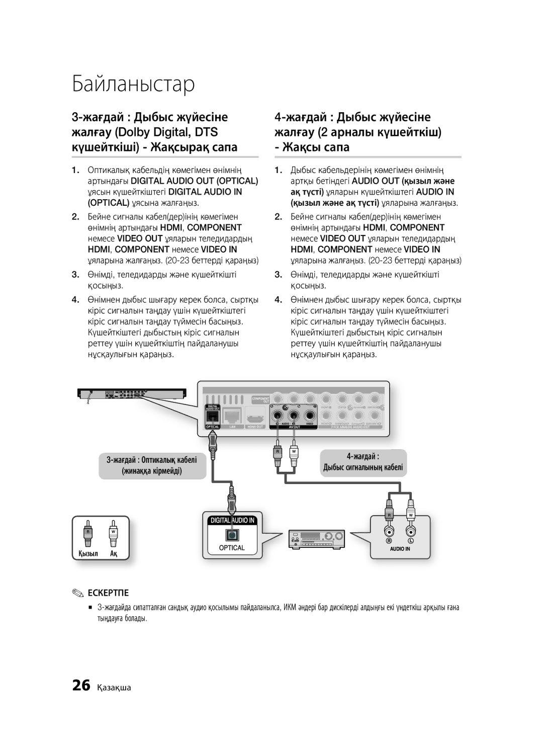 Samsung BD-C6900/XER, BD-C6900P/XER manual Жағдай Дыбыс жүйесіне жалғау 2 арналы күшейткіш Жақсы сапа, 26 Қазақша 