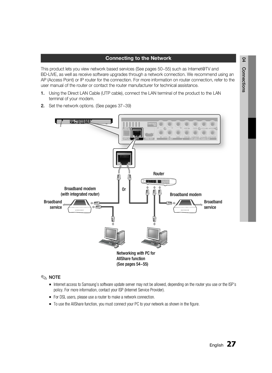 Samsung BD-C6900/XER, BD-C6900P/XER manual Connecting to the Network, Connections 