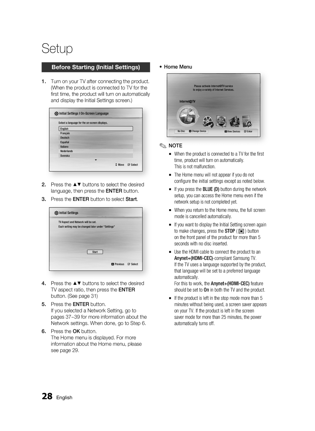 Samsung BD-C6900P/XER, BD-C6900/XER manual Setup, Before Starting Initial Settings, Press the Enter button to select Start 