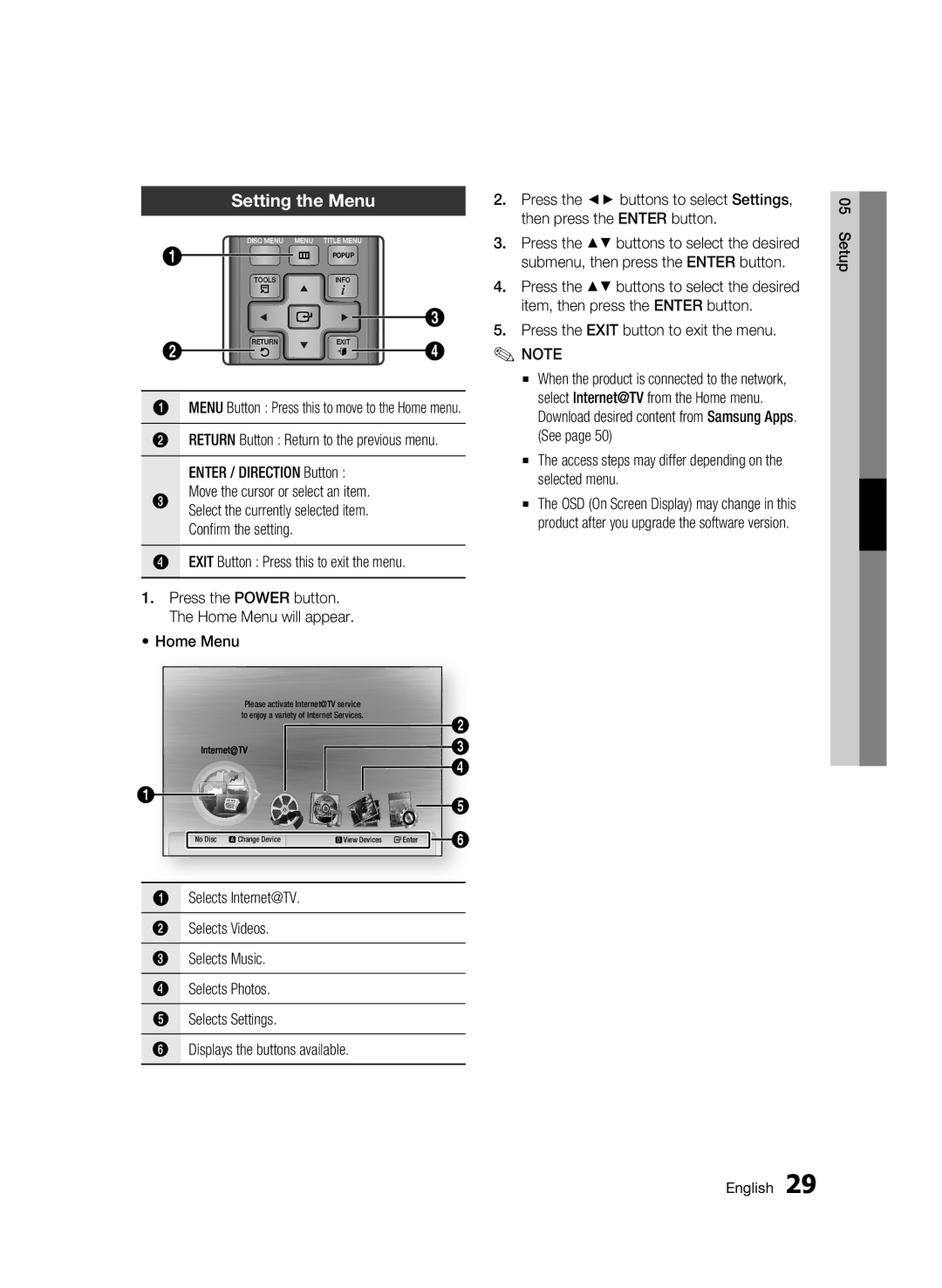 Samsung BD-C6900/XER manual Setting the Menu, Move the cursor or select an item, Exit Button Press this to exit the menu 