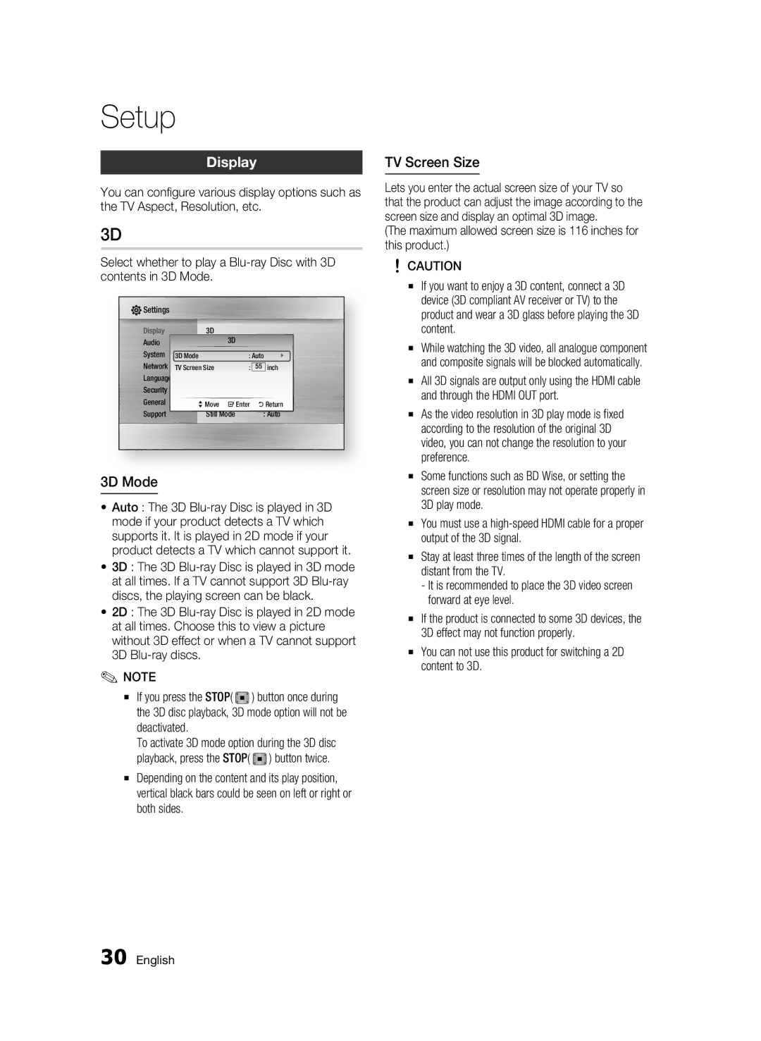 Samsung BD-C6900P/XER, BD-C6900/XER manual Display, 3D Mode, TV Screen Size, Deactivated 