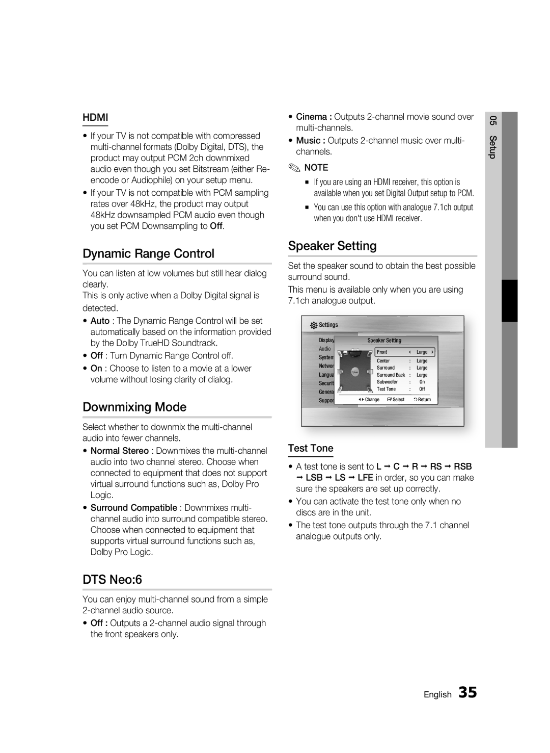 Samsung BD-C6900/XER, BD-C6900P/XER manual Dynamic Range Control, Downmixing Mode, DTS Neo6, Speaker Setting, Test Tone 