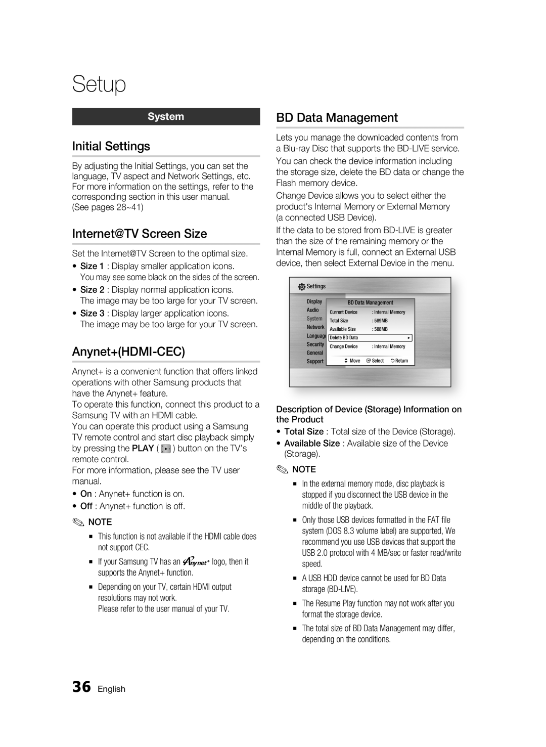 Samsung BD-C6900P/XER, BD-C6900/XER Initial Settings, Internet@TV Screen Size, Anynet+HDMI-CEC, BD Data Management, System 