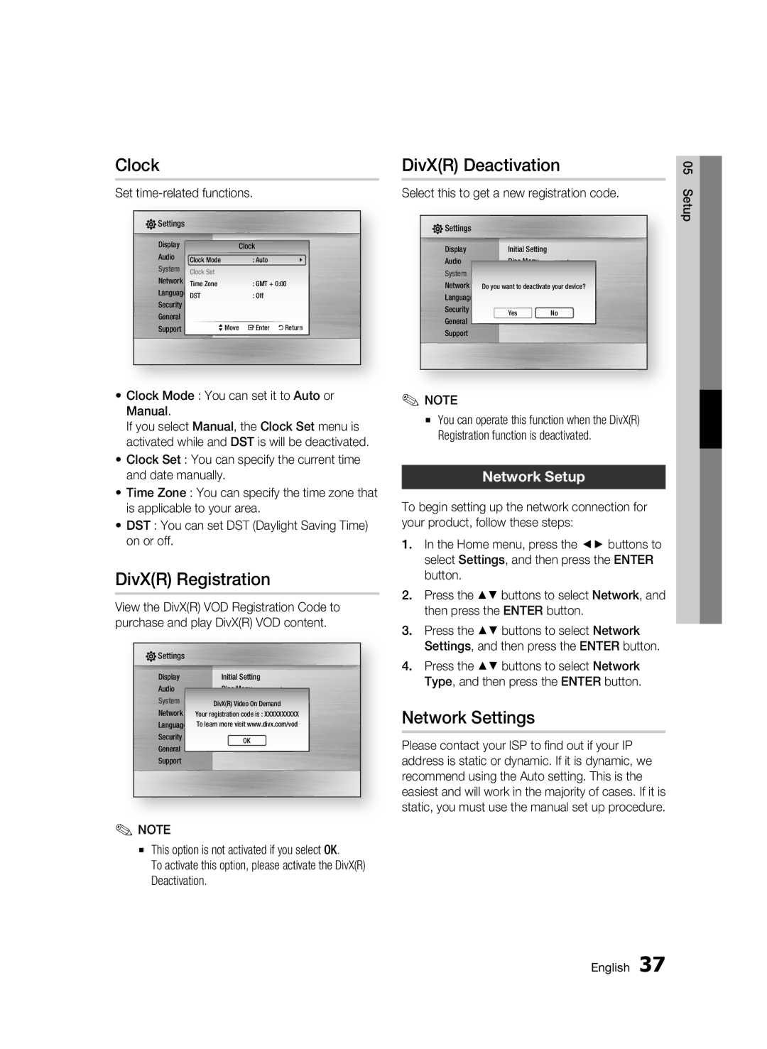 Samsung BD-C6900/XER, BD-C6900P/XER manual Clock, DivXR Registration, DivXR Deactivation, Network Settings, Network Setup 