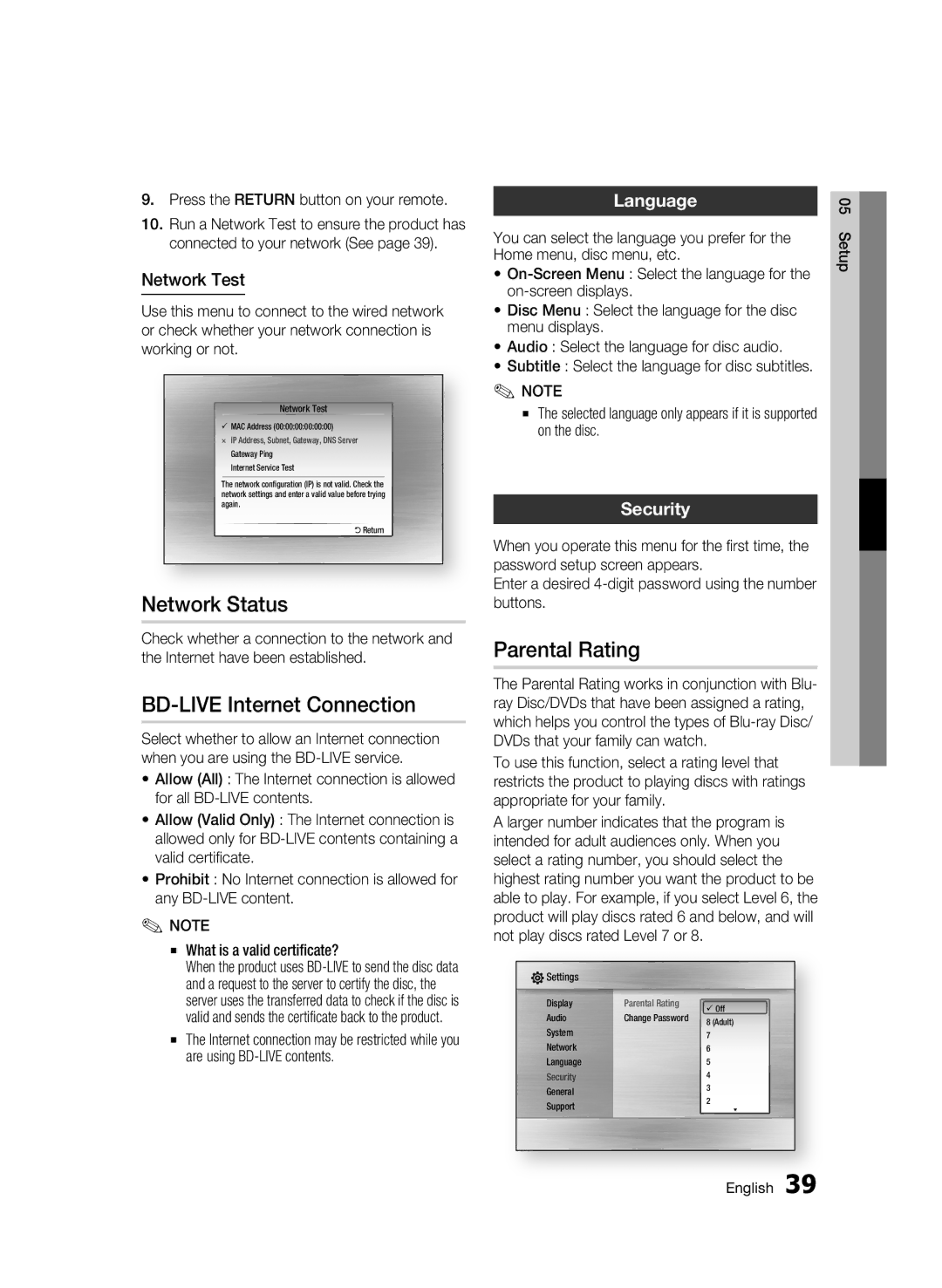 Samsung BD-C6900/XER, BD-C6900P/XER manual Network Status, BD-LIVE Internet Connection, Parental Rating, Language, Security 