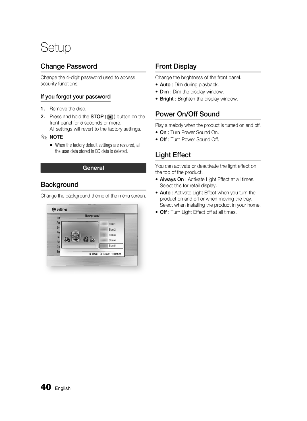 Samsung BD-C6900P/XER, BD-C6900/XER manual Change Password, Background, Front Display, Power On/Off Sound, Light Effect 