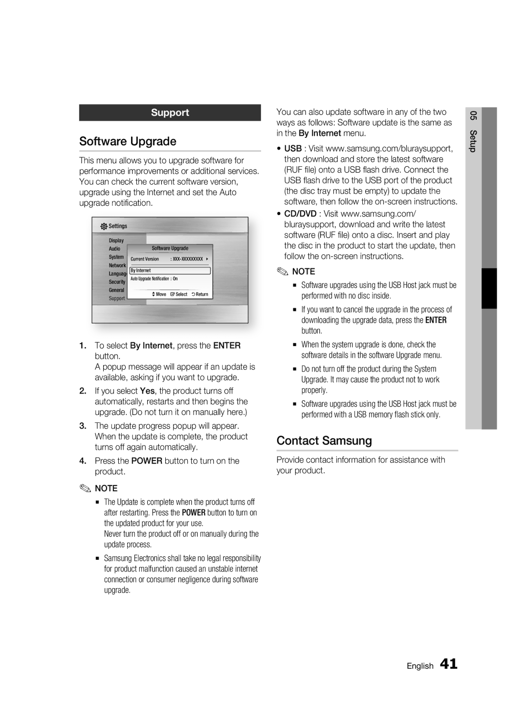 Samsung BD-C6900/XER manual Software Upgrade, Contact Samsung, Support, To select By Internet, press the Enter button 