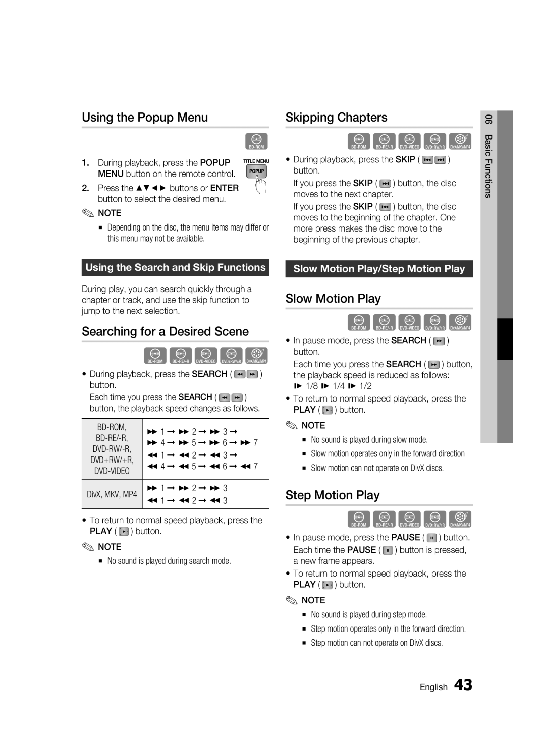 Samsung BD-C6900/XER manual Using the Popup Menu, Skipping Chapters, Searching for a Desired Scene, Slow Motion Play 