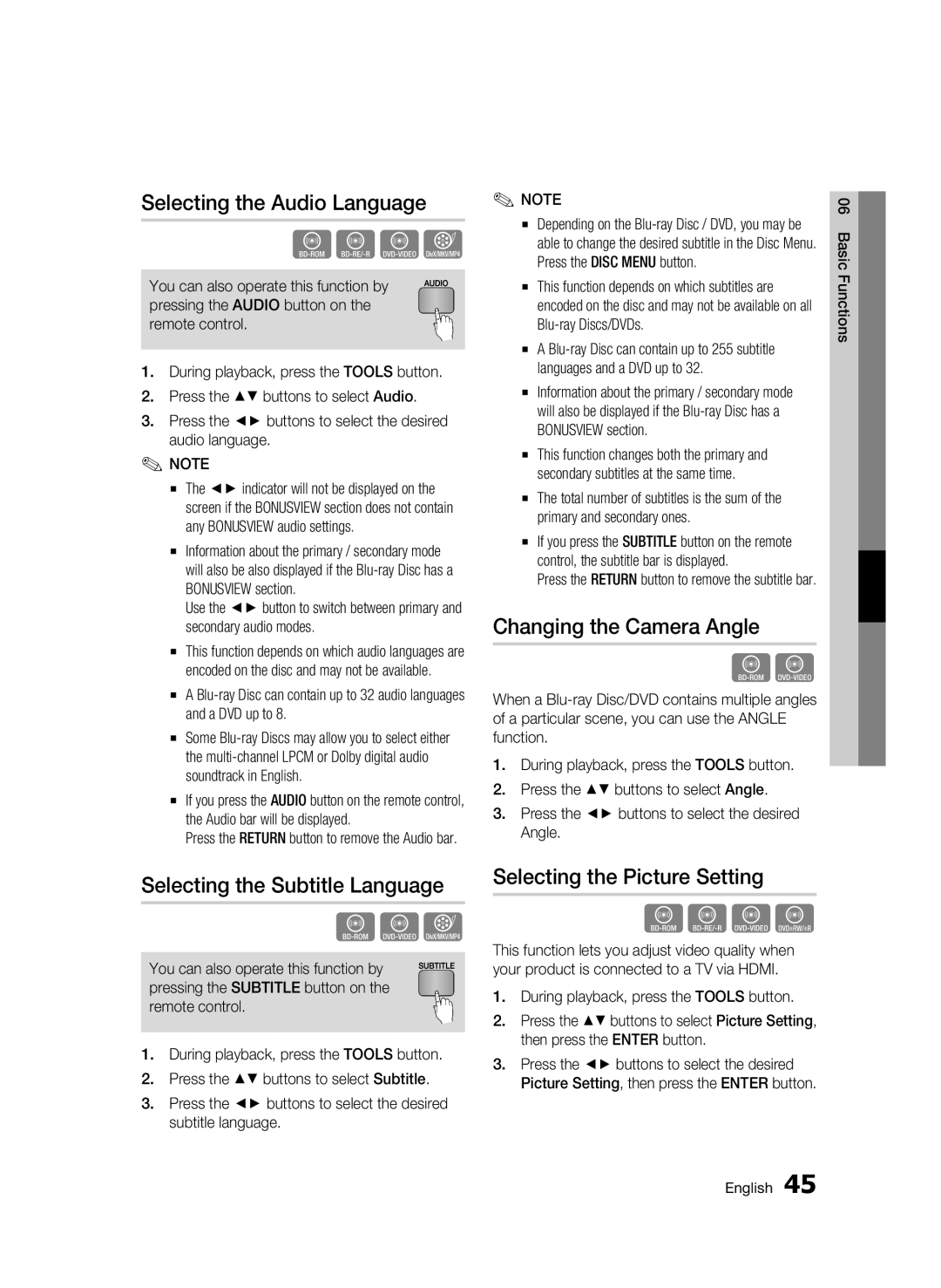 Samsung BD-C6900/XER manual Selecting the Audio Language, Selecting the Subtitle Language, Changing the Camera Angle 