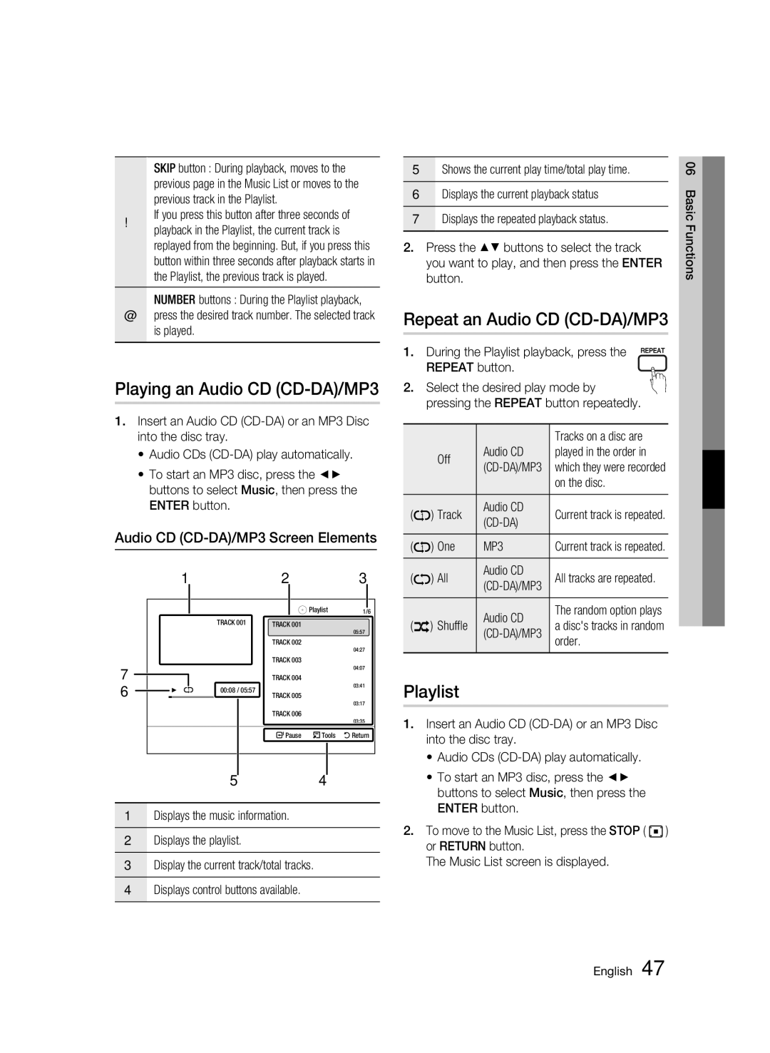 Samsung BD-C6900/XER, BD-C6900P/XER manual Playing an Audio CD CD-DA/MP3, Repeat an Audio CD CD-DA/MP3, Playlist 