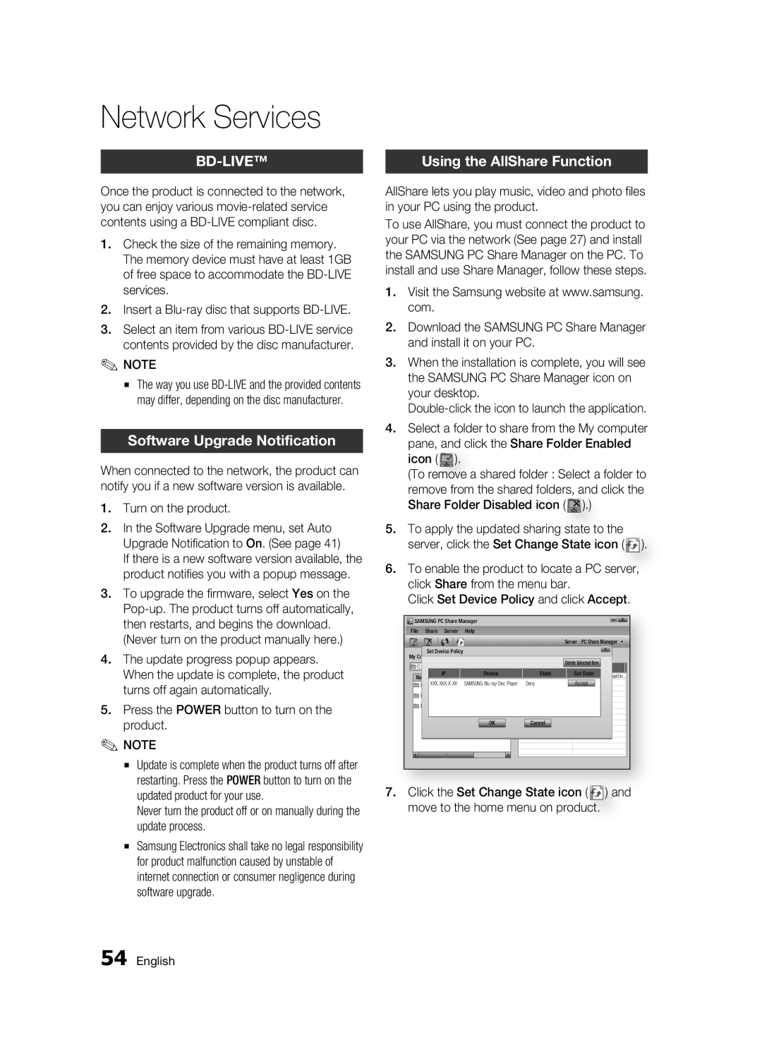 Samsung BD-C6900P/XER, BD-C6900/XER manual Using the AllShare Function, Press the Power button to turn on the product 