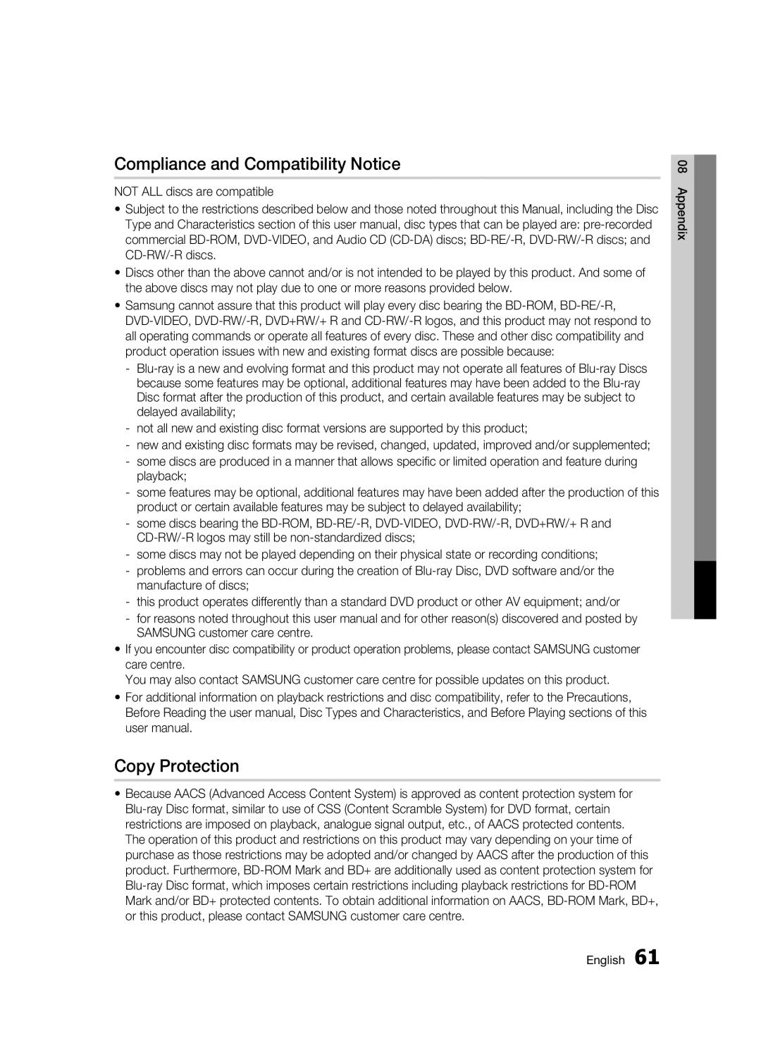 Samsung BD-C6900/XER, BD-C6900P/XER manual Compliance and Compatibility Notice, Copy Protection 