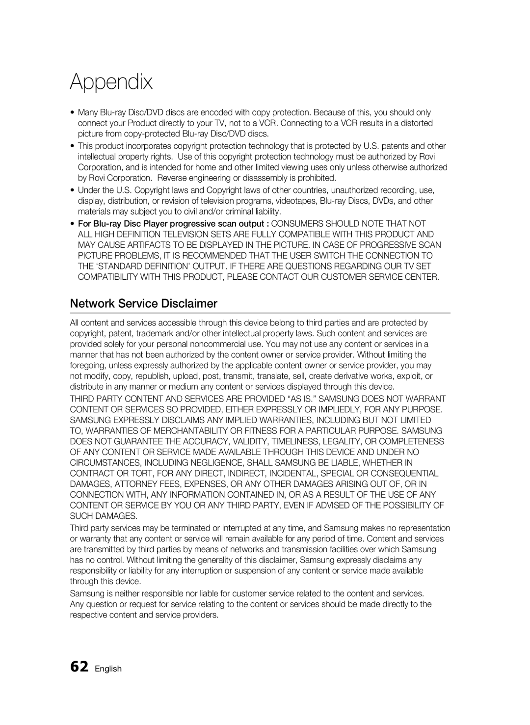 Samsung BD-C6900P/XER, BD-C6900/XER manual Network Service Disclaimer 