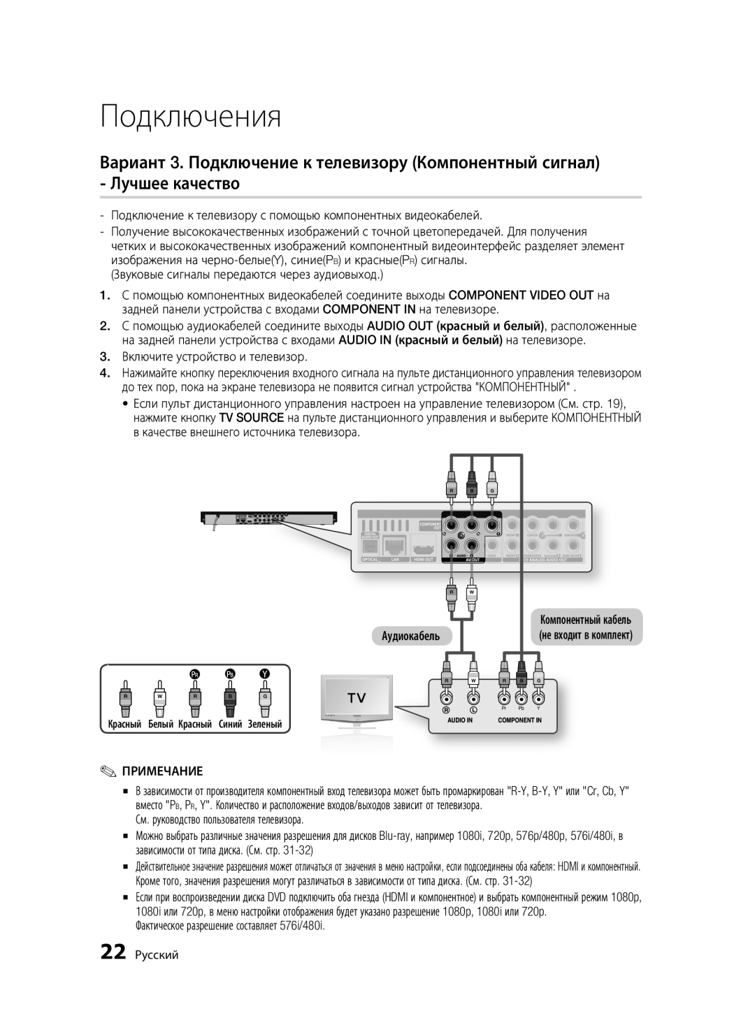 Samsung BD-C6900/XER manual Фактическое разрешение составляет 576i/480i, 22 Русский, Красный Белый Красный Синий Зеленый 