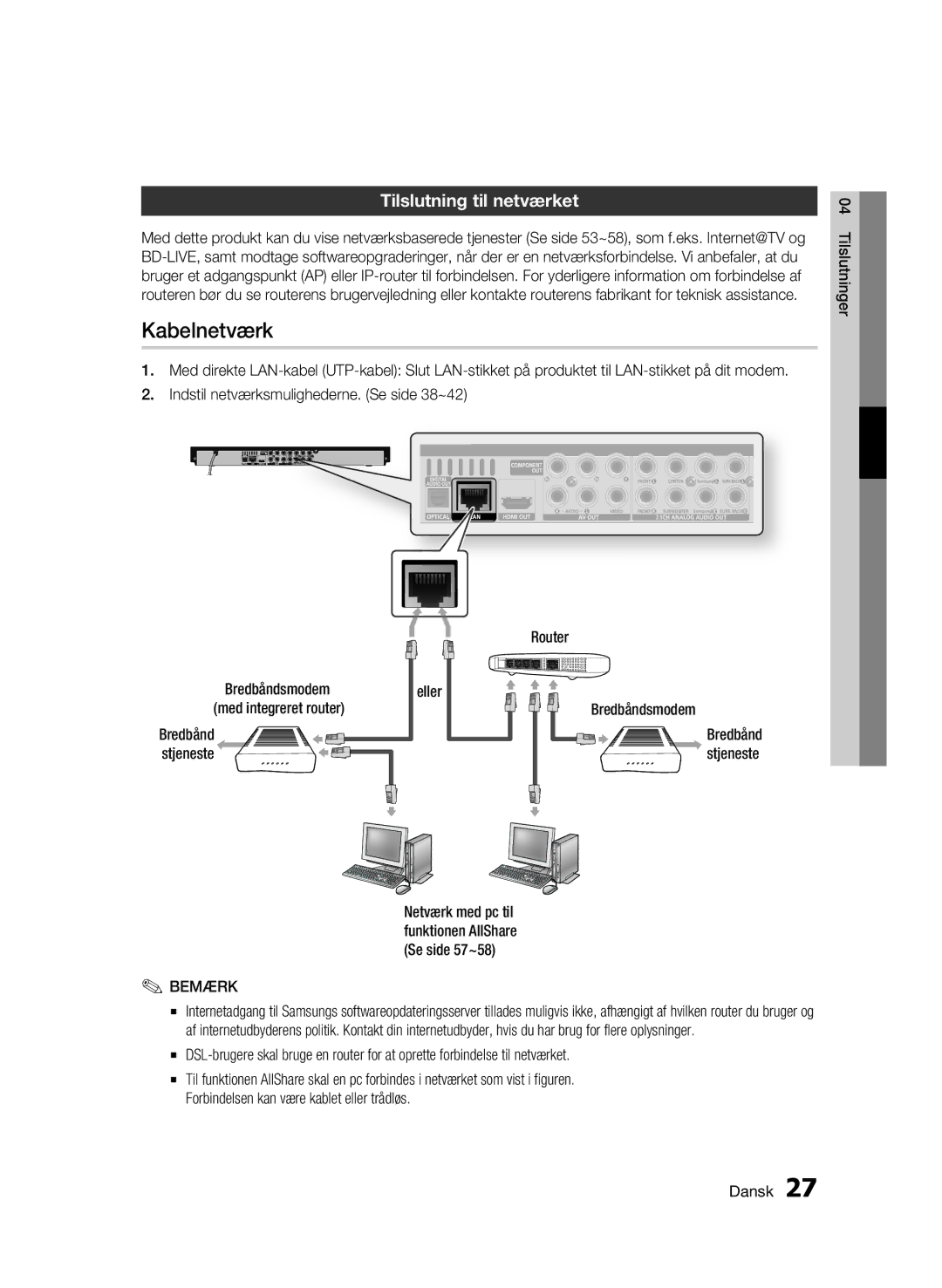 Samsung BD-C6900/XEE manual Kabelnetværk, Tilslutning til netværket 