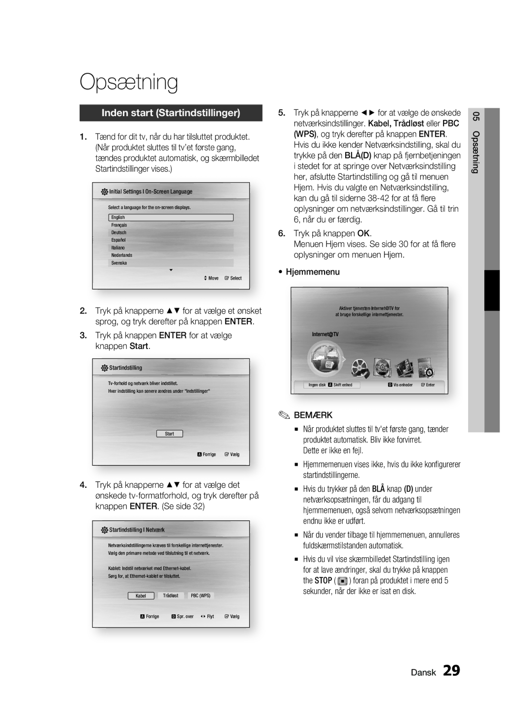 Samsung BD-C6900/XEE manual Opsætning, Inden start Startindstillinger, Tryk på knappen Enter for at vælge knappen Start 