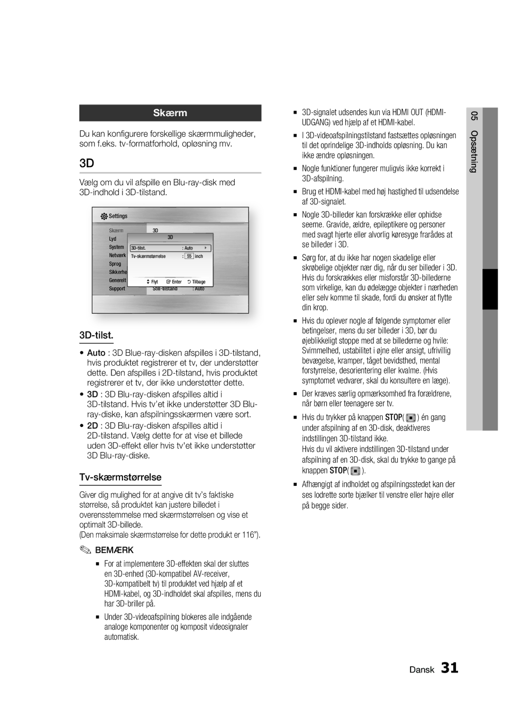 Samsung BD-C6900/XEE manual Skærm, 3D-tilst, Tv-skærmstørrelse 