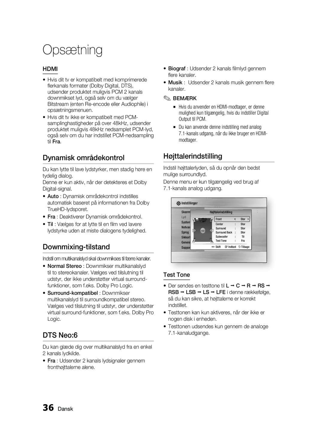 Samsung BD-C6900/XEE manual Dynamisk områdekontrol, Downmixing-tilstand, DTS Neo6, Højttalerindstilling, Test Tone 