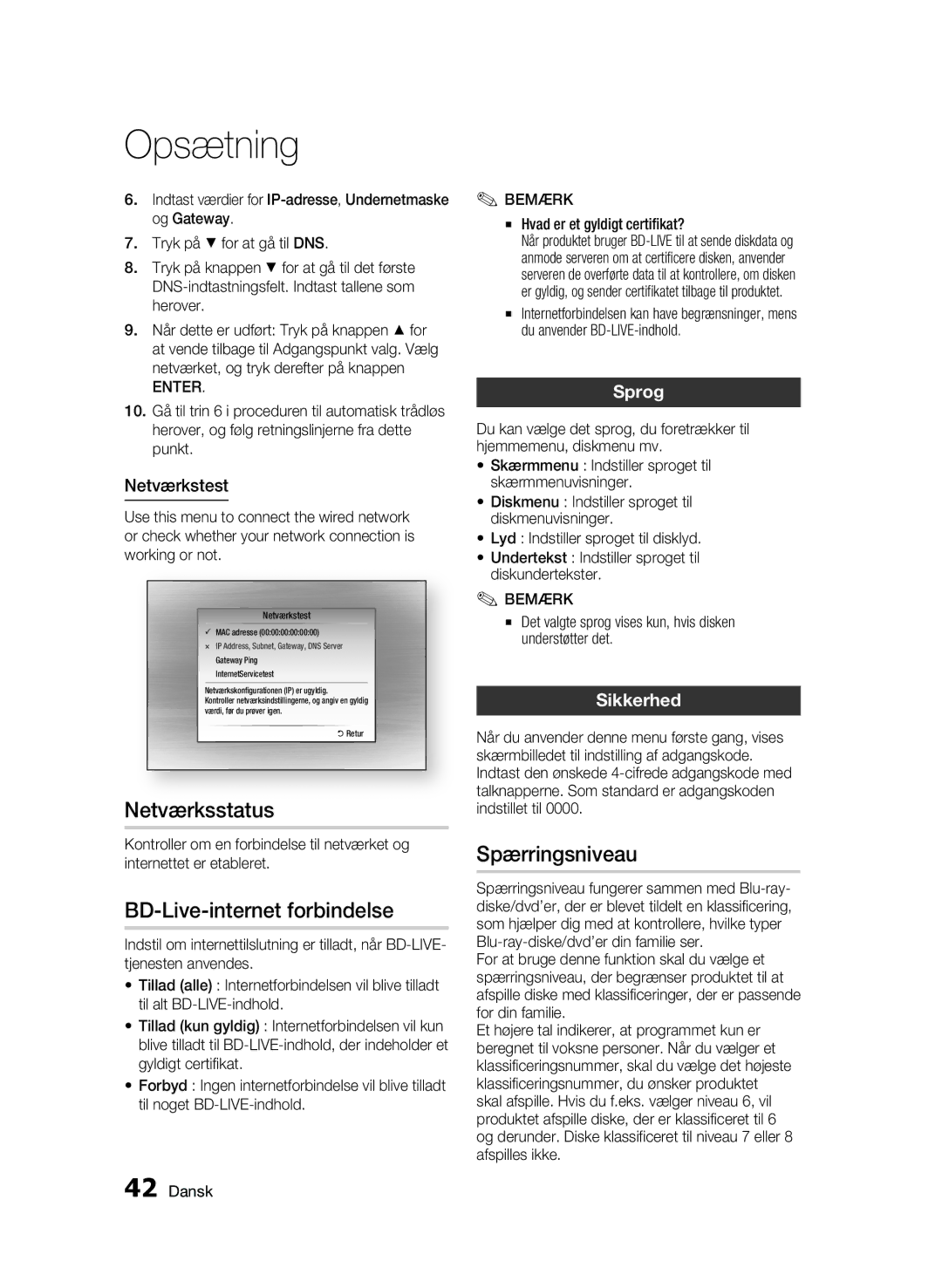 Samsung BD-C6900/XEE manual Netværksstatus, BD-Live-internet forbindelse, Spærringsniveau, Sprog, Sikkerhed 