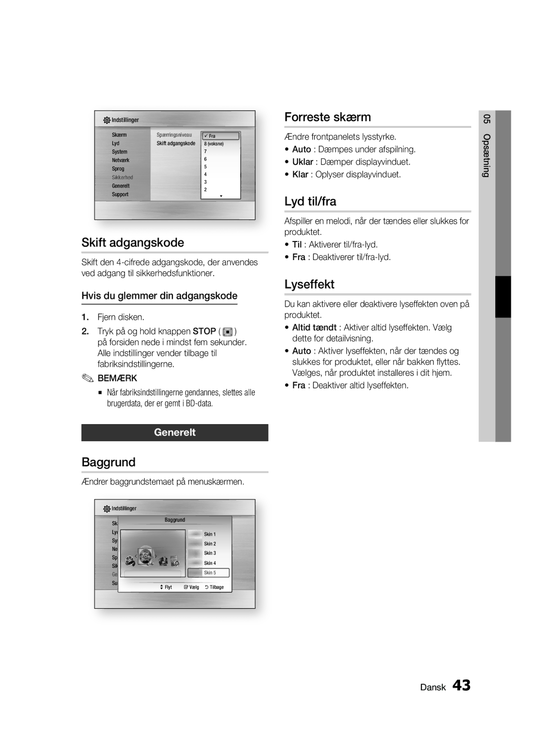 Samsung BD-C6900/XEE manual Skift adgangskode, Baggrund, Forreste skærm, Lyd til/fra, Lyseffekt 