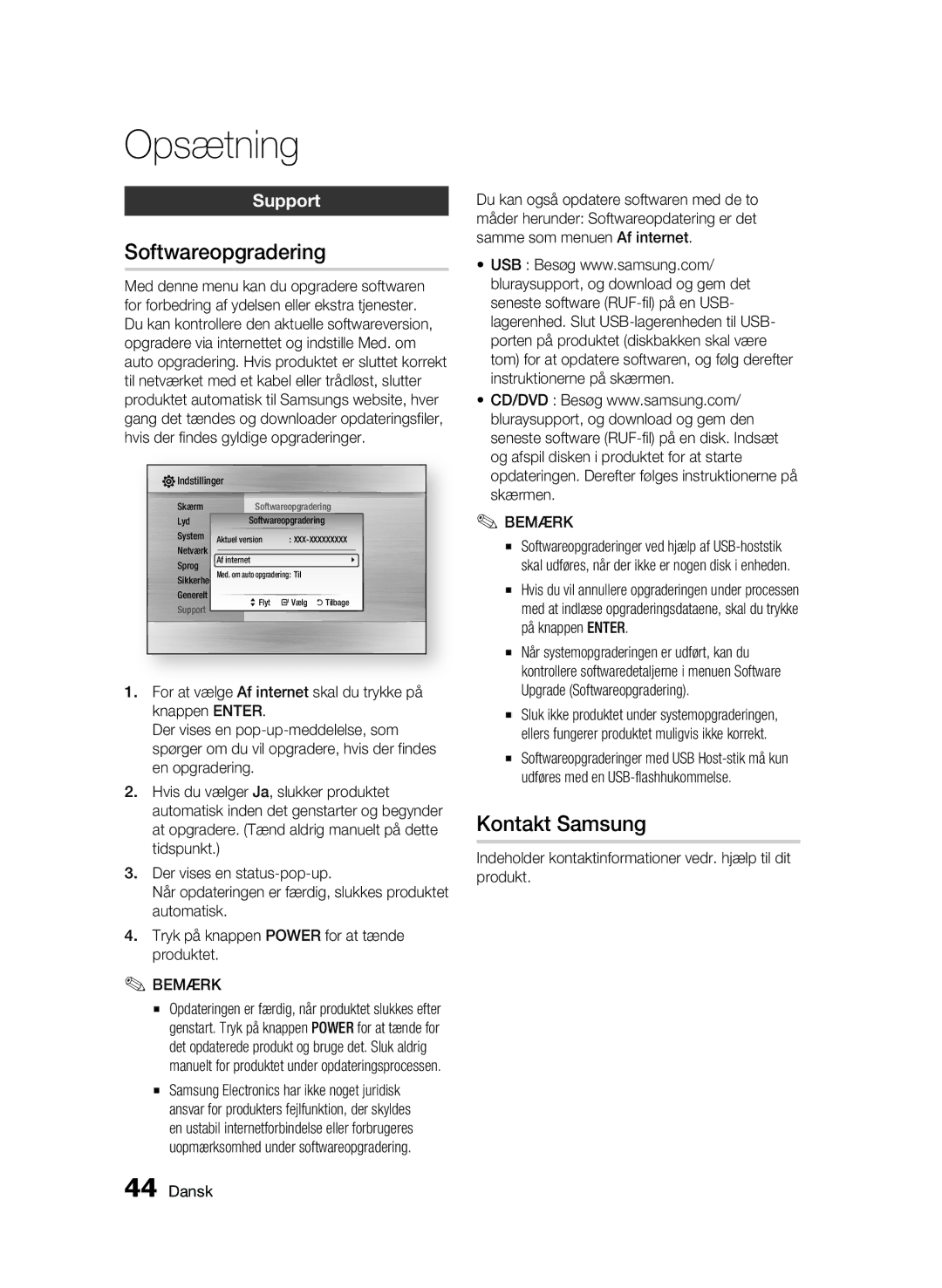 Samsung BD-C6900/XEE manual Softwareopgradering, Kontakt Samsung, Support 