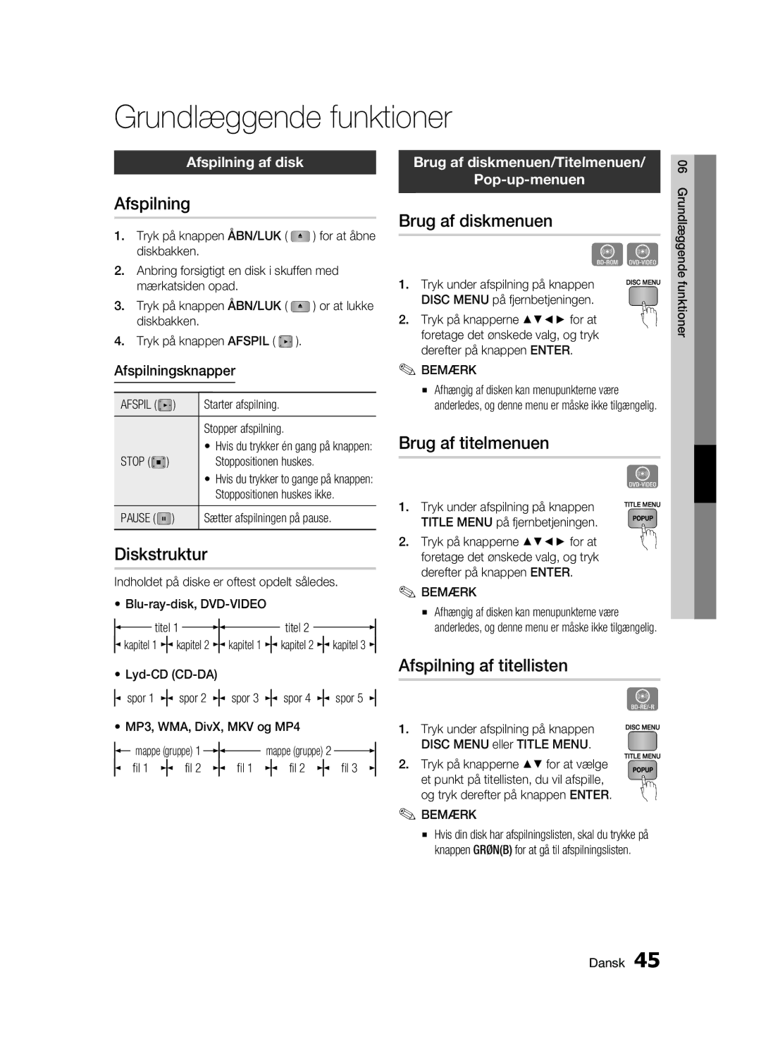 Samsung BD-C6900/XEE manual Grundlæggende funktioner 