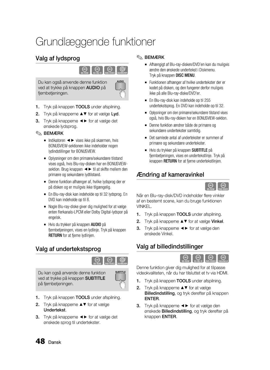 Samsung BD-C6900/XEE manual Valg af lydsprog, Ændring af kameravinkel, Valg af undertekstsprog, Valg af billedindstillinger 