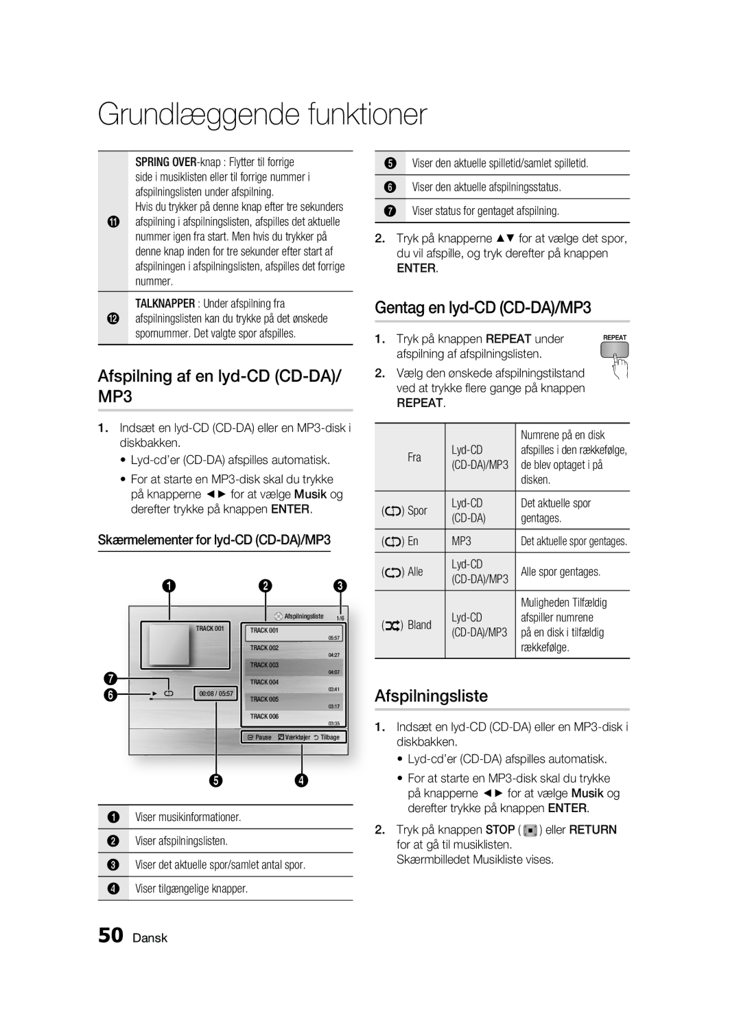 Samsung BD-C6900/XEE manual Afspilning af en lyd-CD CD-DA/ MP3, Gentag en lyd-CD CD-DA/MP3, Afspilningsliste 