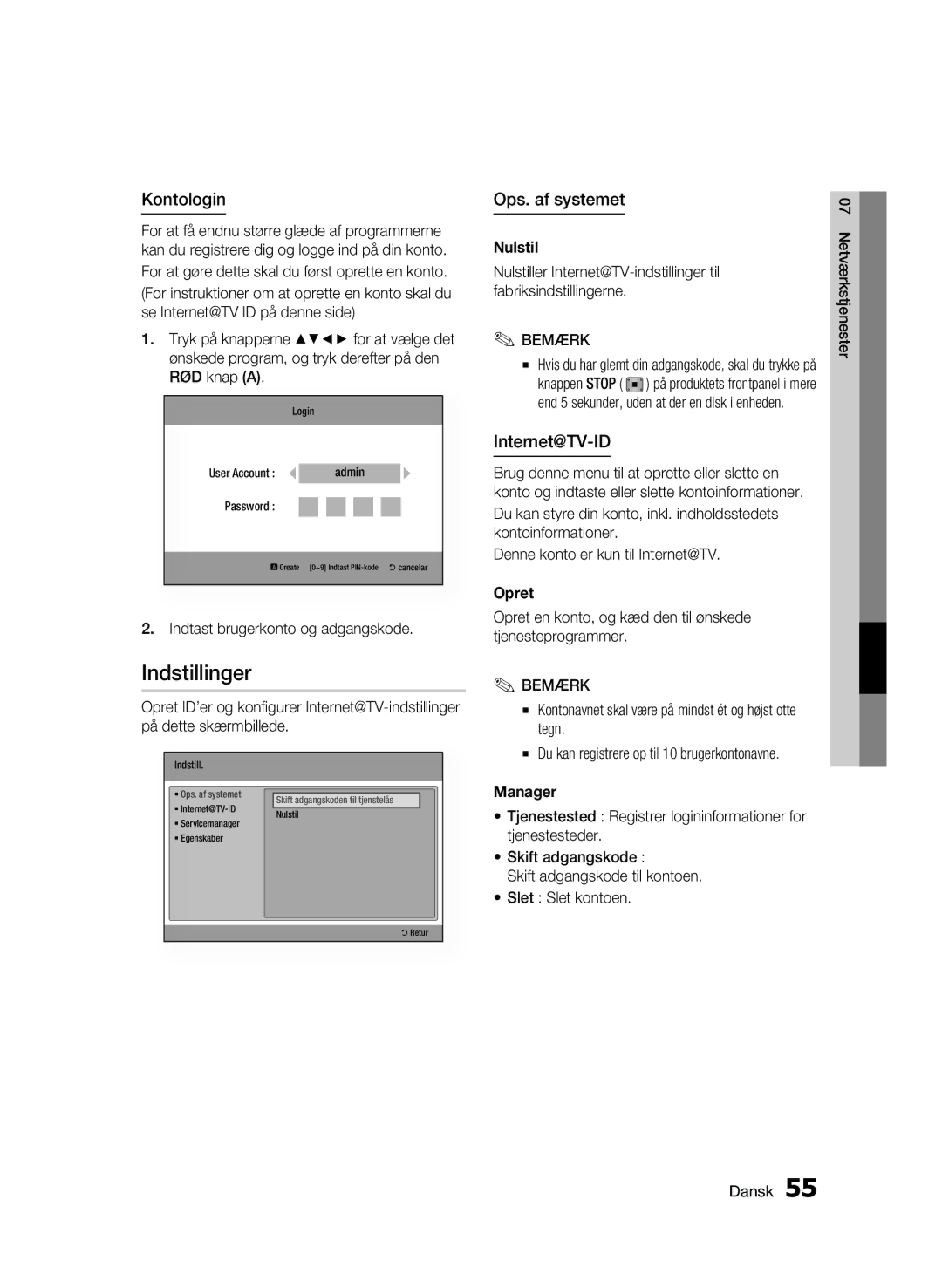 Samsung BD-C6900/XEE manual Indstillinger, Kontologin, Ops. af systemet, Internet@TV-ID 