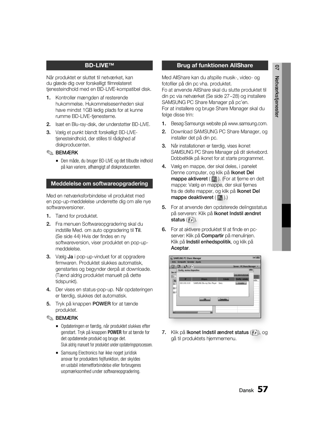 Samsung BD-C6900/XEE manual Meddelelse om softwareopgradering, Brug af funktionen AllShare, Følge disse trin 