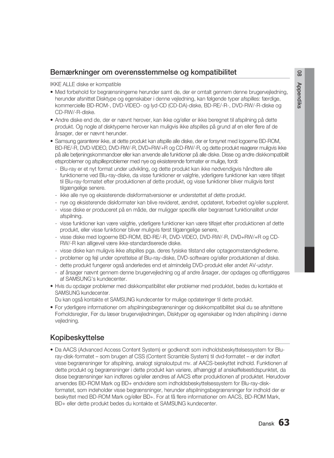 Samsung BD-C6900/XEE manual Bemærkninger om overensstemmelse og kompatibilitet, Kopibeskyttelse 