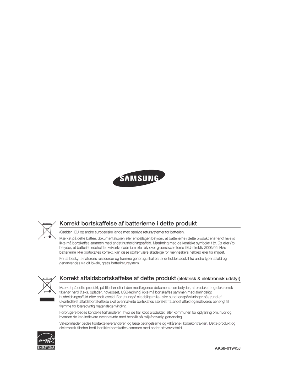 Samsung BD-C6900/XEE manual Korrekt bortskaffelse af batterierne i dette produkt 