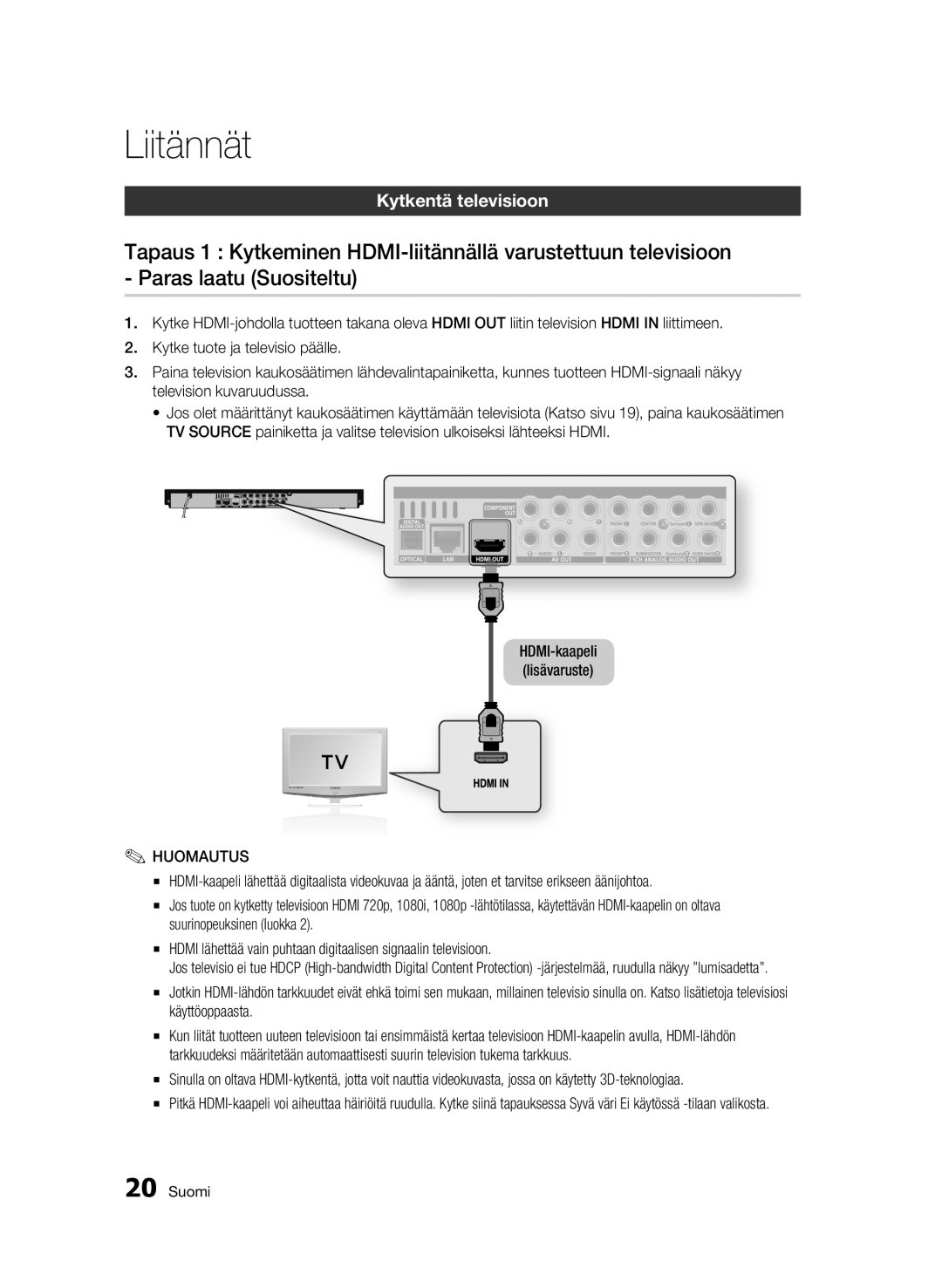 Samsung BD-C6900/XEE manual Liitännät, Kytkentä televisioon 