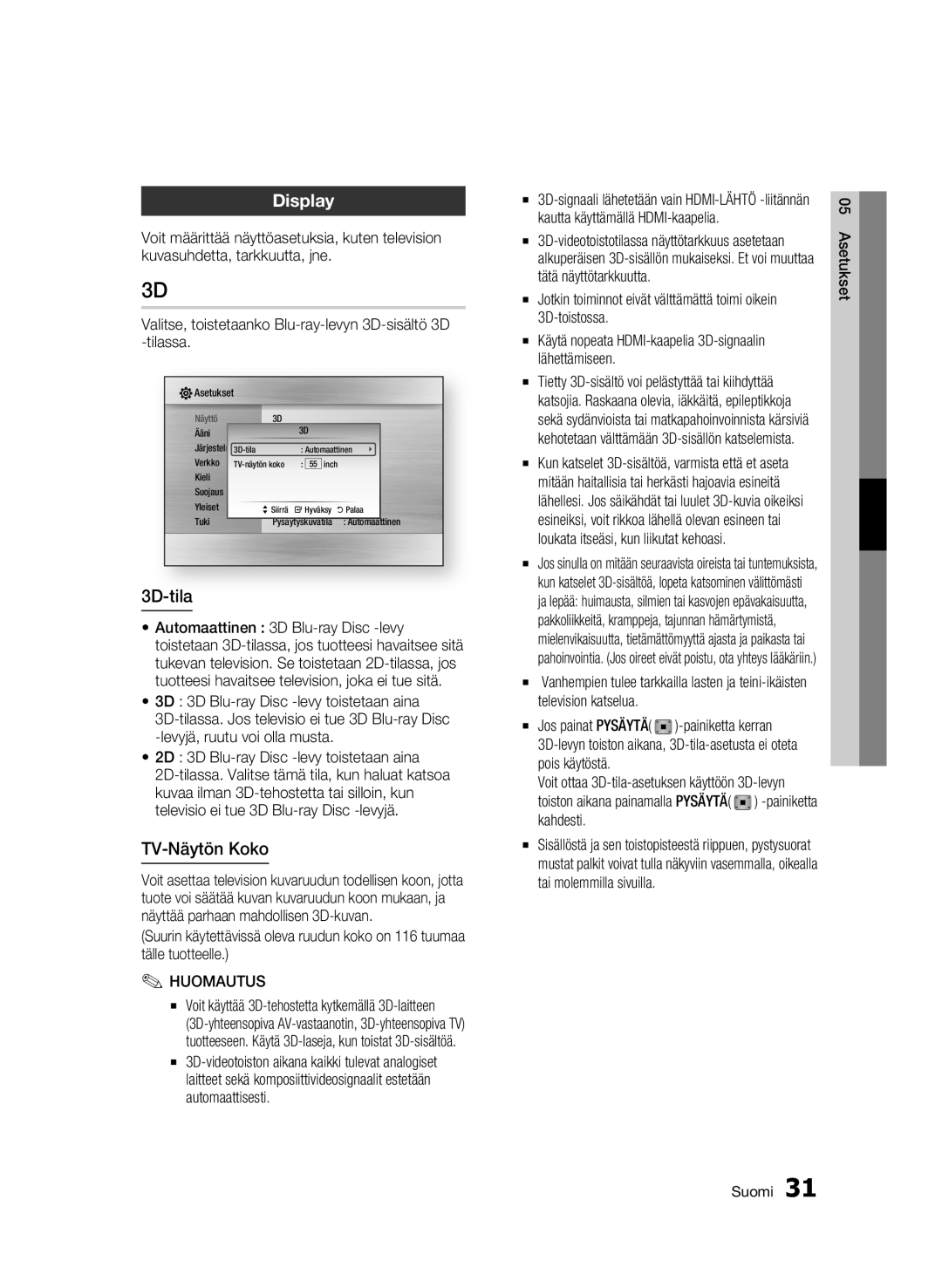 Samsung BD-C6900/XEE manual Display, 3D-tila, TV-Näytön Koko 