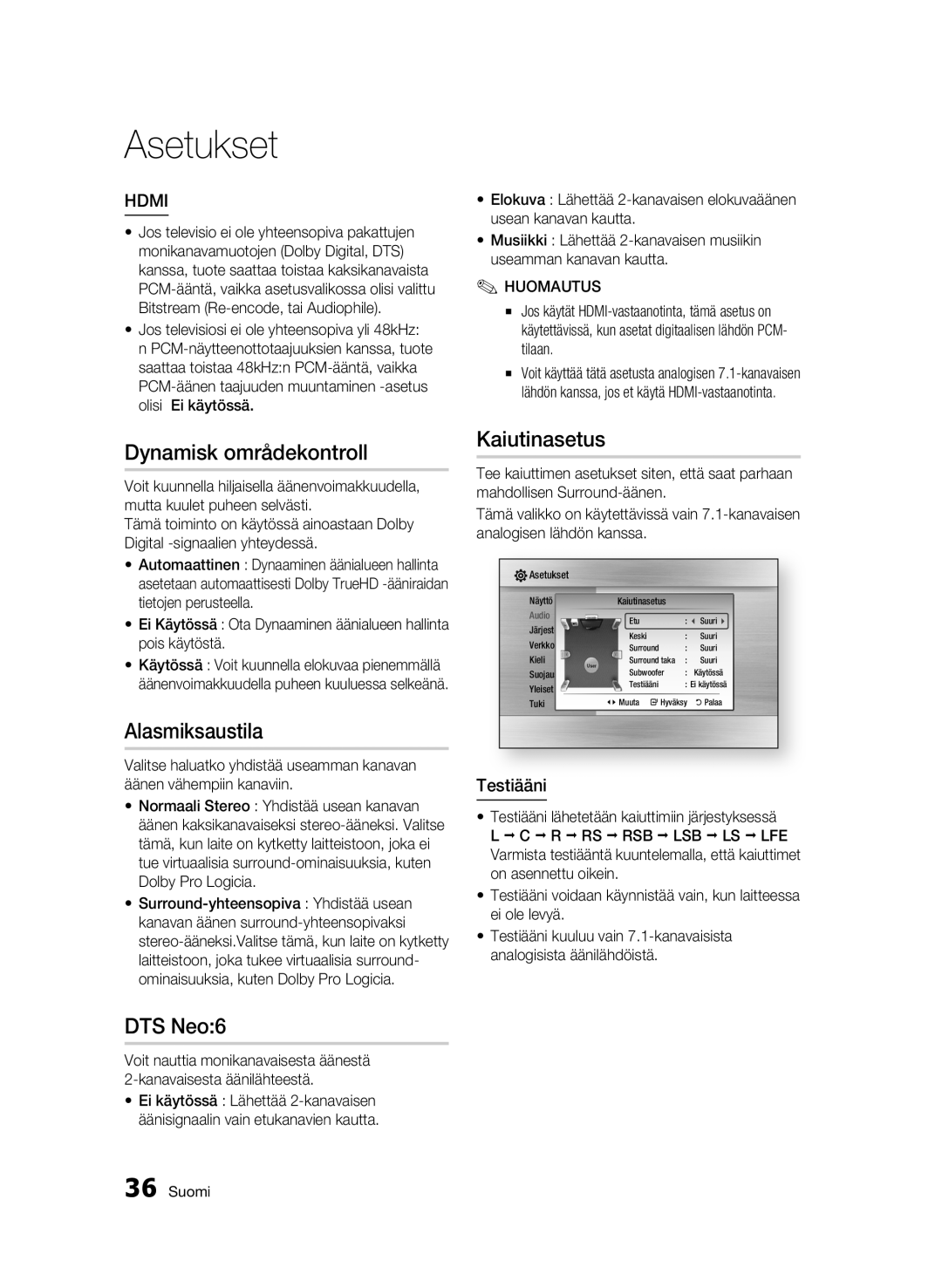 Samsung BD-C6900/XEE manual Dynamisk områdekontroll, Alasmiksaustila, DTS Neo6, Kaiutinasetus, Testiääni 