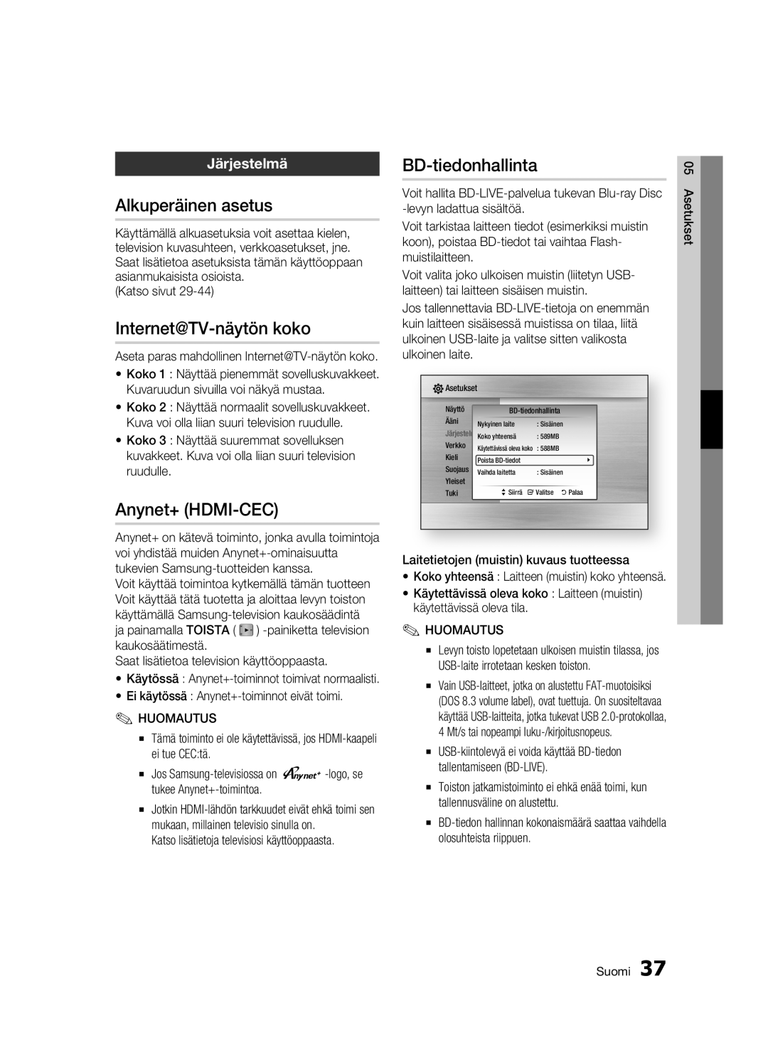 Samsung BD-C6900/XEE manual Alkuperäinen asetus, Internet@TV-näytön koko, Anynet+ HDMI-CEC, BD-tiedonhallinta, Järjestelmä 