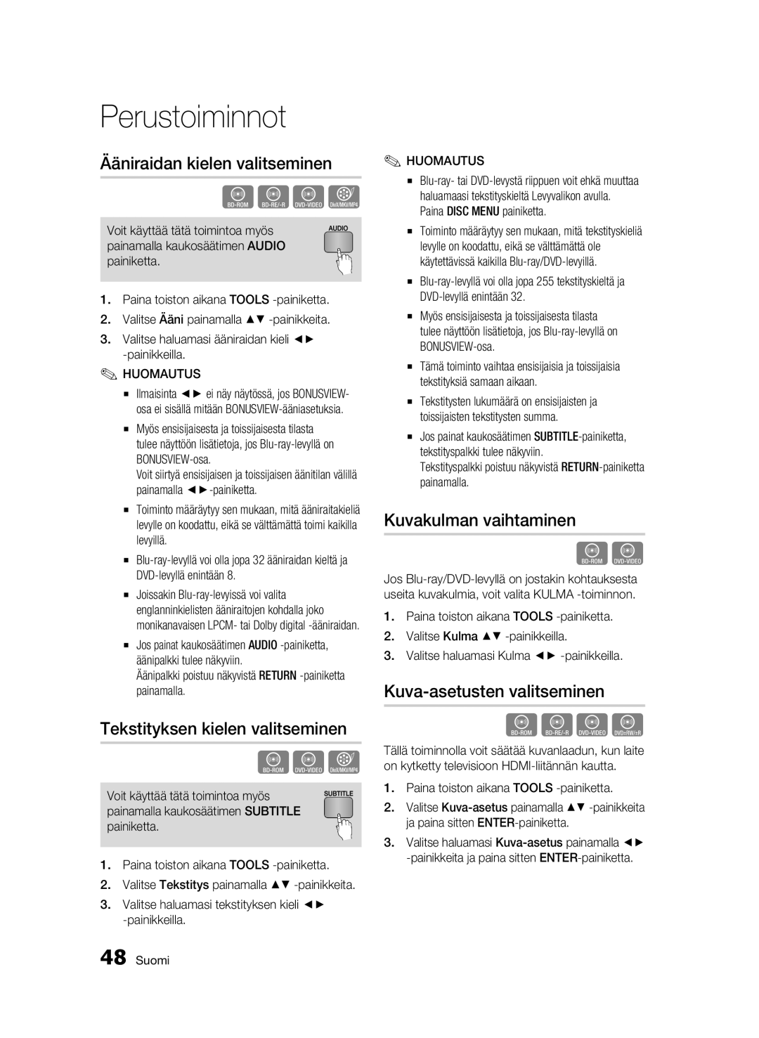 Samsung BD-C6900/XEE manual Ääniraidan kielen valitseminen, Tekstityksen kielen valitseminen, Kuvakulman vaihtaminen 