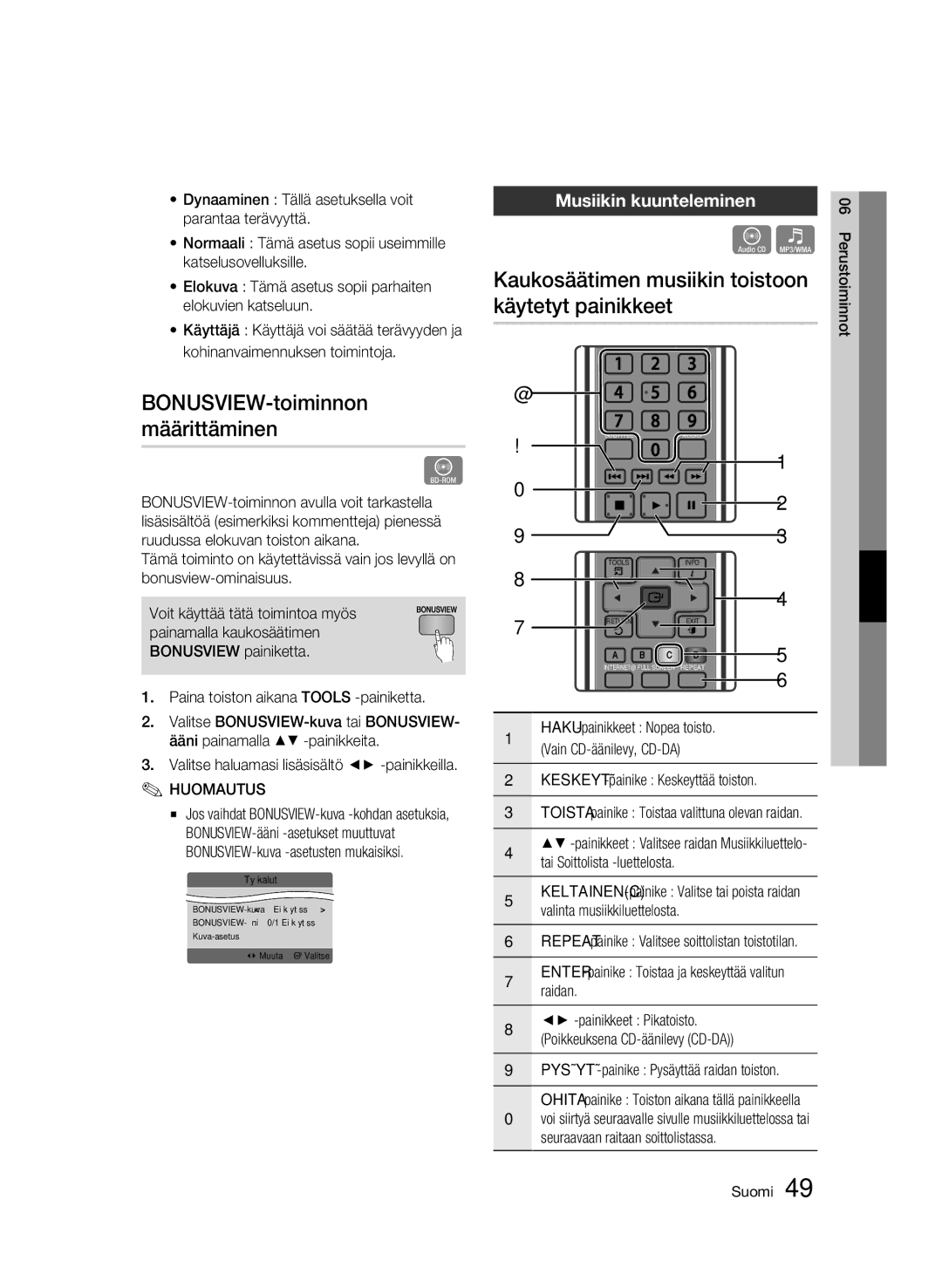 Samsung BD-C6900/XEE manual Kaukosäätimen musiikin toistoon käytetyt painikkeet, BONUSVIEW-toiminnon määrittäminen 