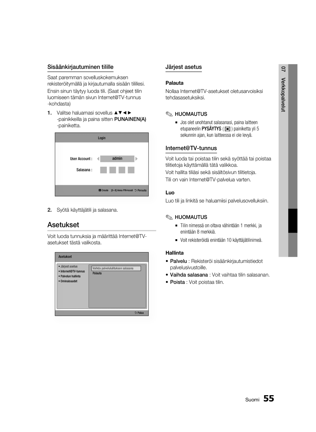 Samsung BD-C6900/XEE manual Asetukset, Sisäänkirjautuminen tilille, Järjest asetus, Internet@TV-tunnus 