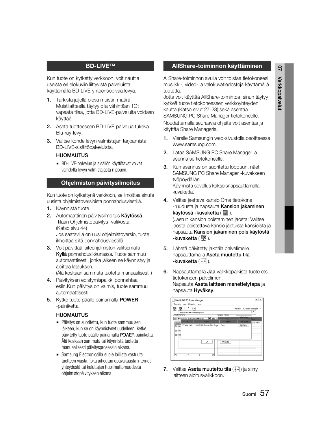 Samsung BD-C6900/XEE manual Ohjelmiston päivitysilmoitus, AllShare-toiminnon käyttäminen 