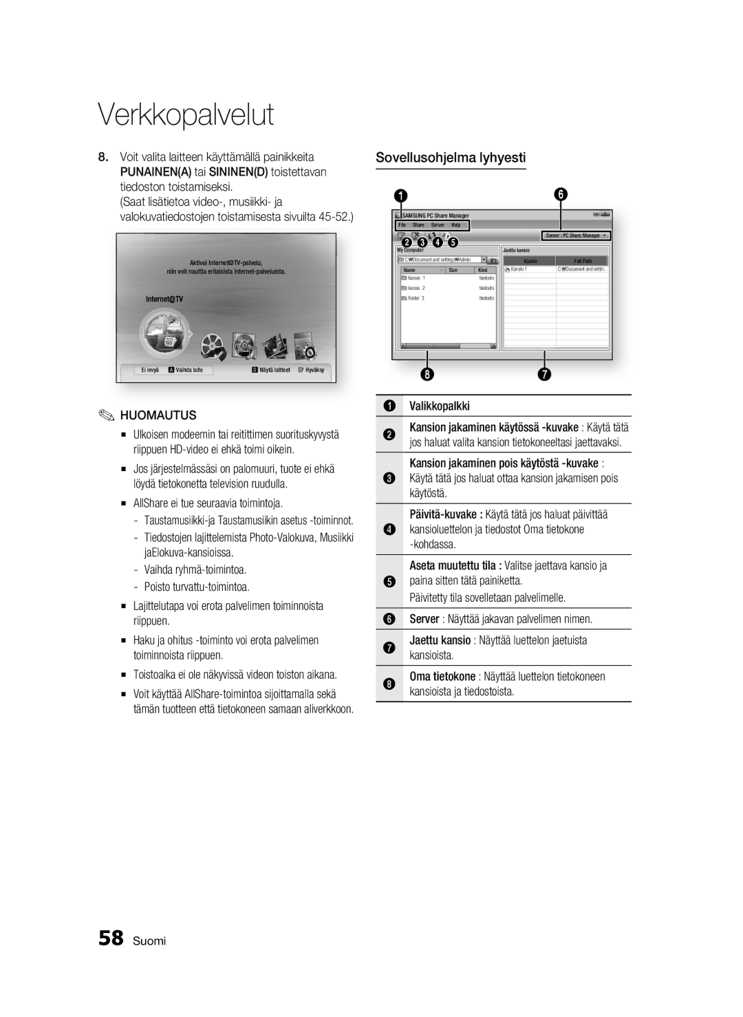 Samsung BD-C6900/XEE manual Sovellusohjelma lyhyesti, AllShare ei tue seuraavia toimintoja 