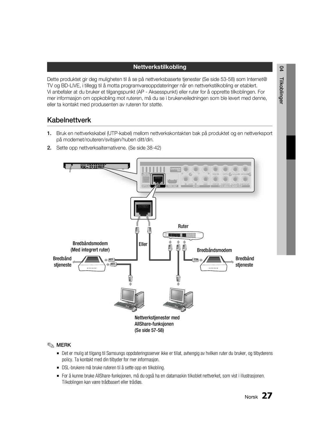 Samsung BD-C6900/XEE manual Kabelnettverk, Nettverkstilkobling, Bredbåndsmodem Med integrert ruter, Eller Bredbåndsmodem 