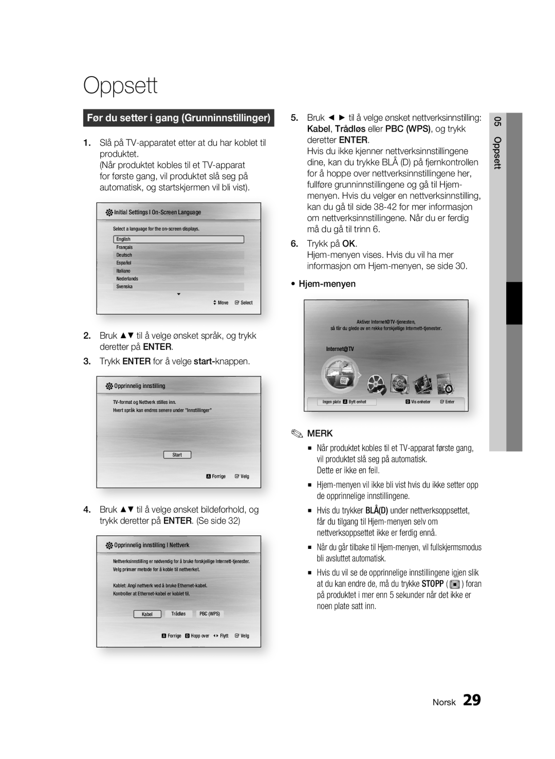 Samsung BD-C6900/XEE manual Oppsett, Før du setter i gang Grunninnstillinger 