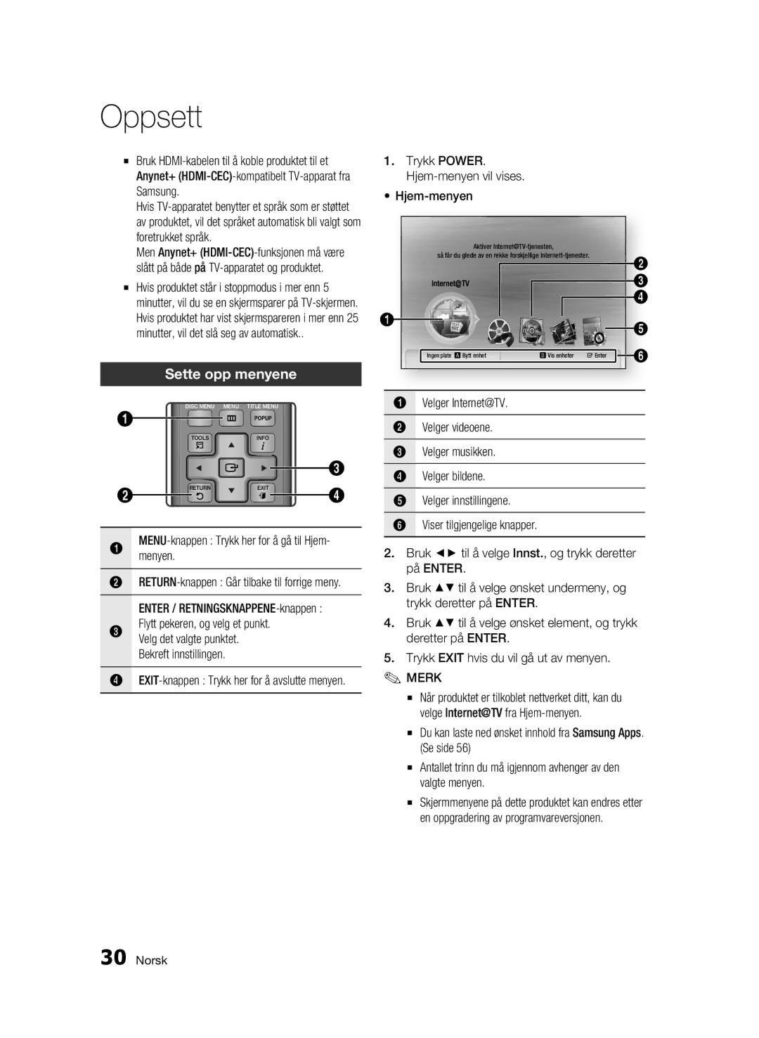 Samsung BD-C6900/XEE manual Sette opp menyene, Menyen, Hjem-menyen 