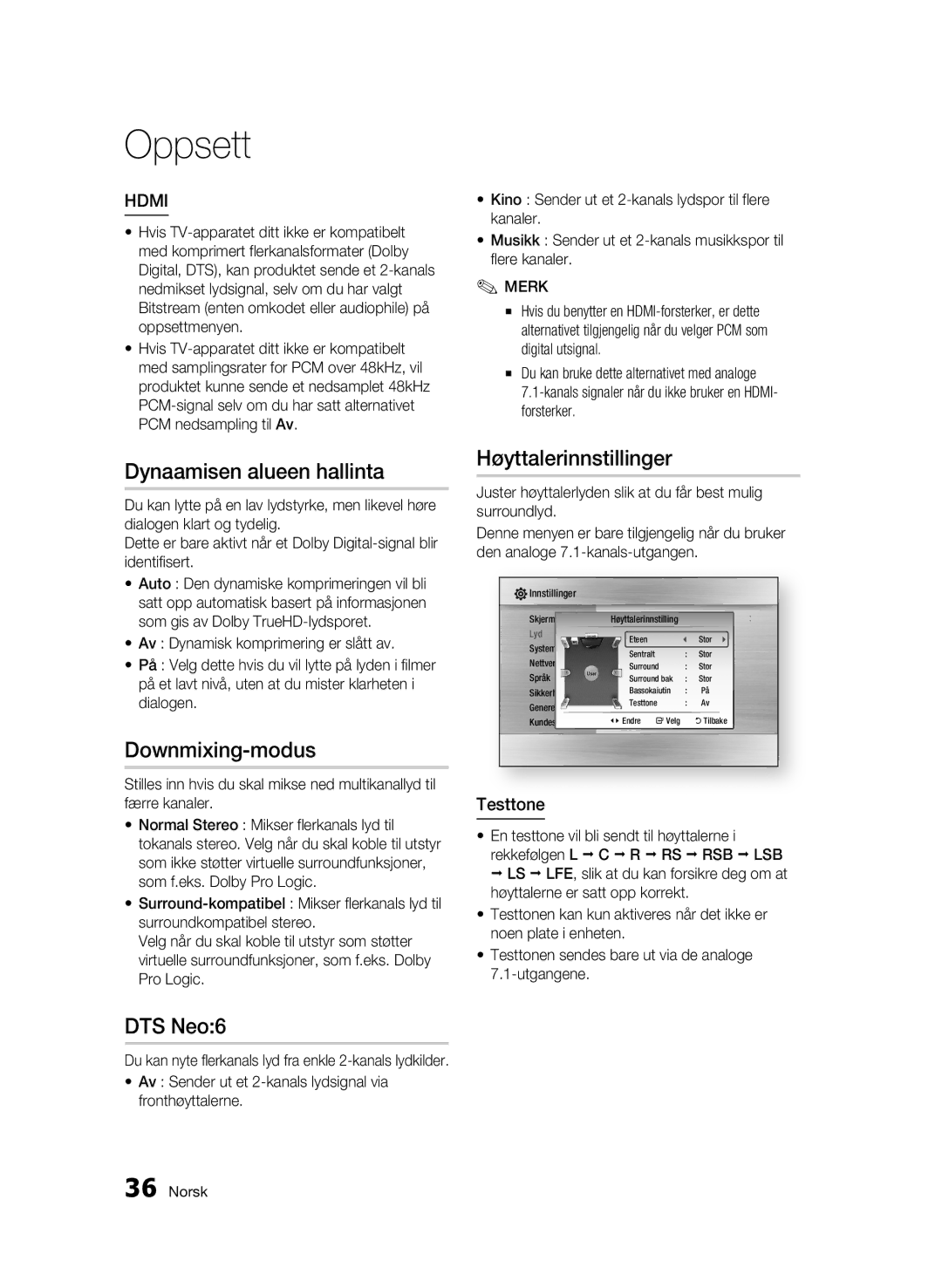 Samsung BD-C6900/XEE manual Dynaamisen alueen hallinta, Downmixing-modus, DTS Neo6, Høyttalerinnstillinger, Testtone 