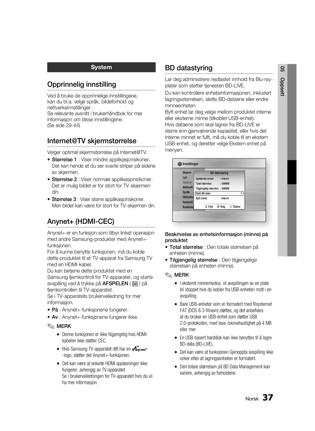 Samsung BD-C6900/XEE manual Opprinnelig innstilling, Internet@TV skjermstørrelse, Anynet+ HDMI-CEC, System 