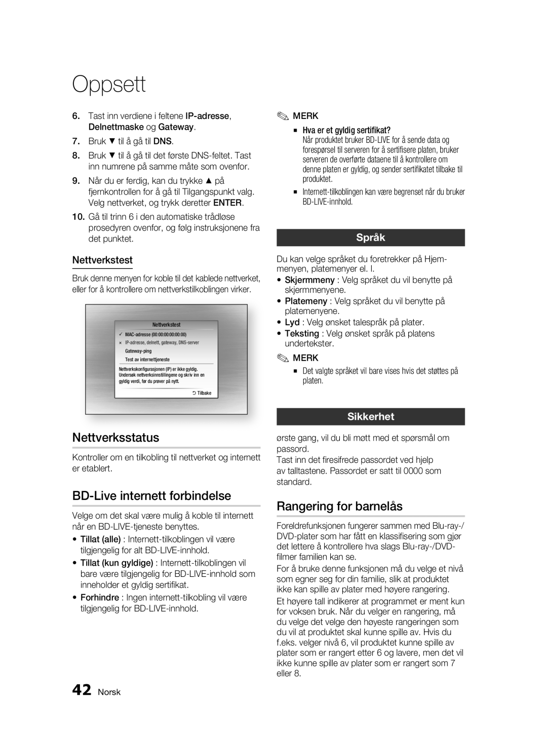 Samsung BD-C6900/XEE manual Nettverksstatus, BD-Live internett forbindelse, Rangering for barnelås, Språk, Sikkerhet 