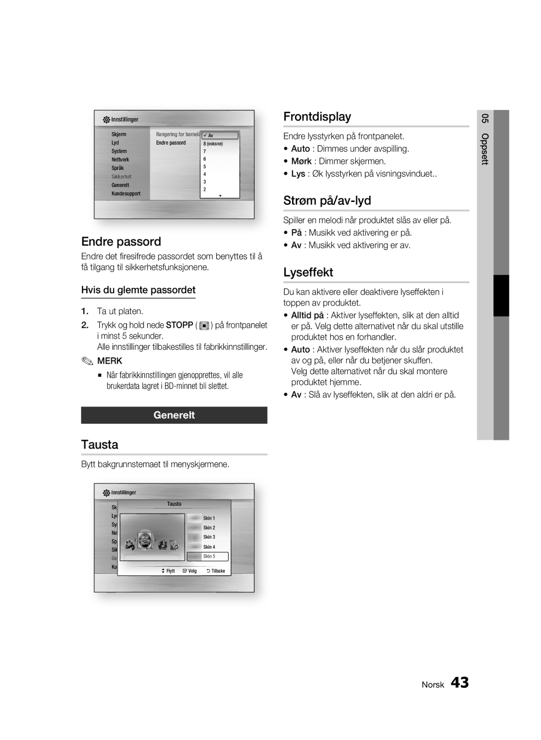 Samsung BD-C6900/XEE manual Endre passord, Tausta, Frontdisplay, Strøm på/av-lyd, Lyseffekt 